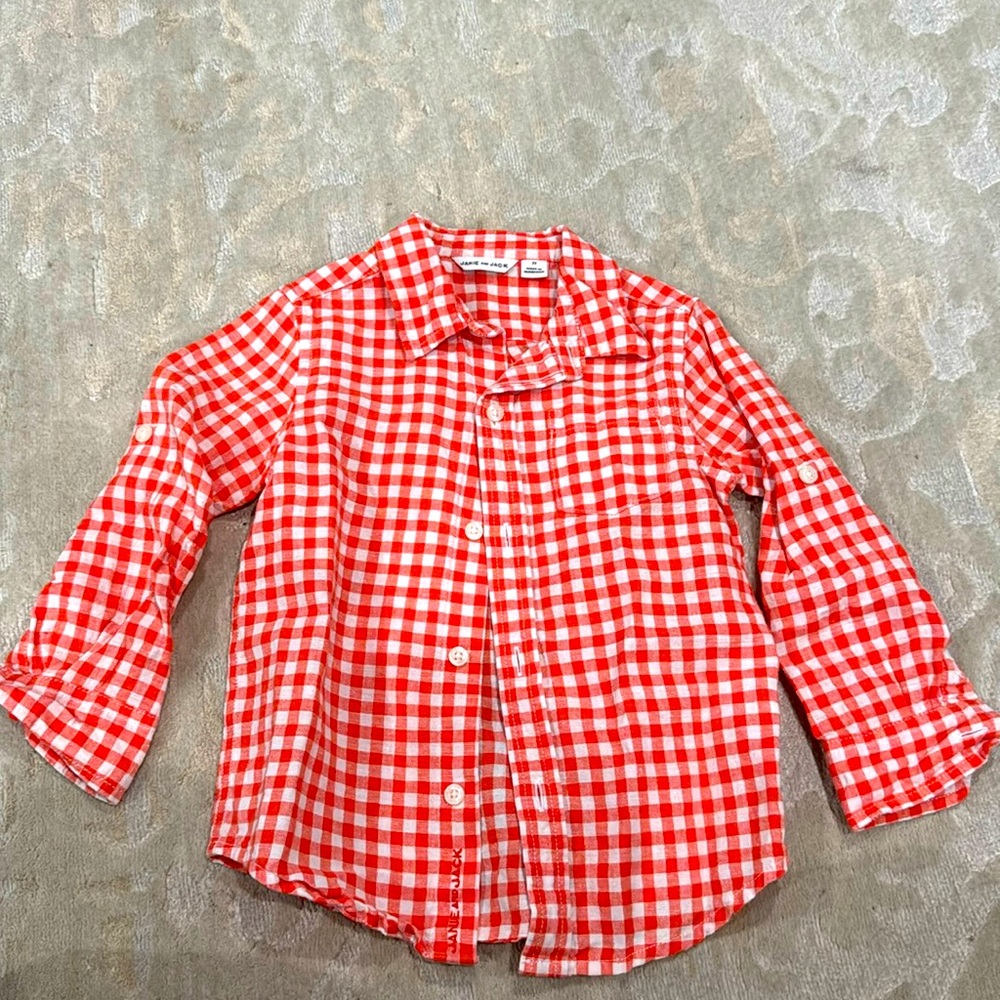Janie and Jack linen blend long sleeve checkered shirt, red
